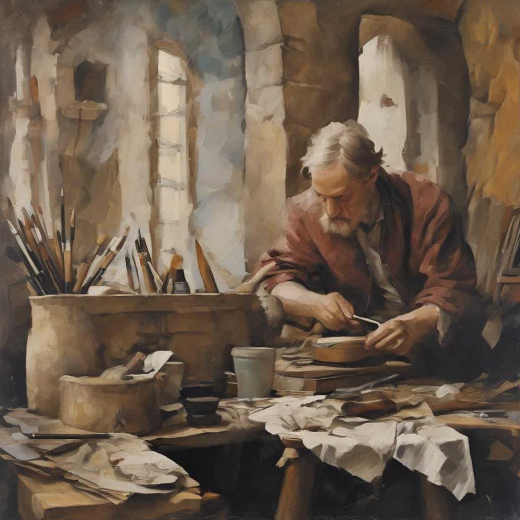 Λεπτομερή εικόνα ενός ηλικιωμένου καλλιτέχνη εργάζεται στην τέχνη της συμβολικής γλώσσας και της ερμηνείας, σε εργαστήριο ζωγραφικής.