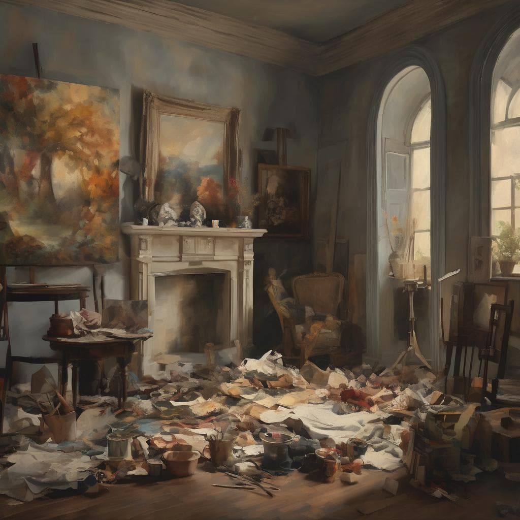 αποτυπώνει το χάος και την τέχνη της ερμηνείας σε ένα ακατάστατο στούντιο ζωγραφικής, με πίνακες και εργαλεία.
