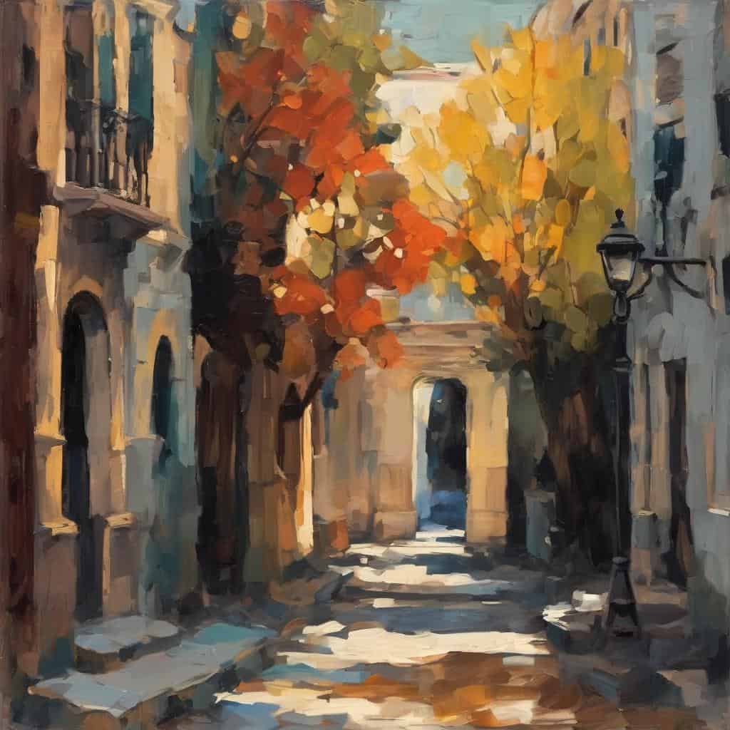 Γραφική εικόνα μιας δρομάδας με βελανιδιές το φθινόπωρο, σε ζωγραφική τεχνική, με ζεστά χρώματα.