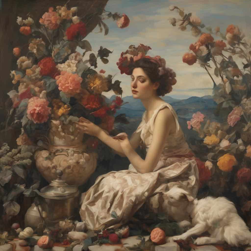 Άνθρωπος σε κήπο με λουλούδια και σκύλο, ομορφιά και συμβολική γλώσσα στη ζωγραφική.