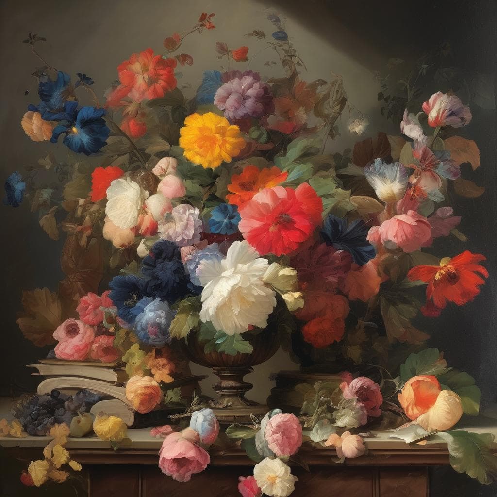 Λιβάδι από πολύχρωμα λουλούδια σε βάζο, με βιβλία στο βάθος, αποκαλύπτει την τέχνη της συμβολικής γλώσσας.