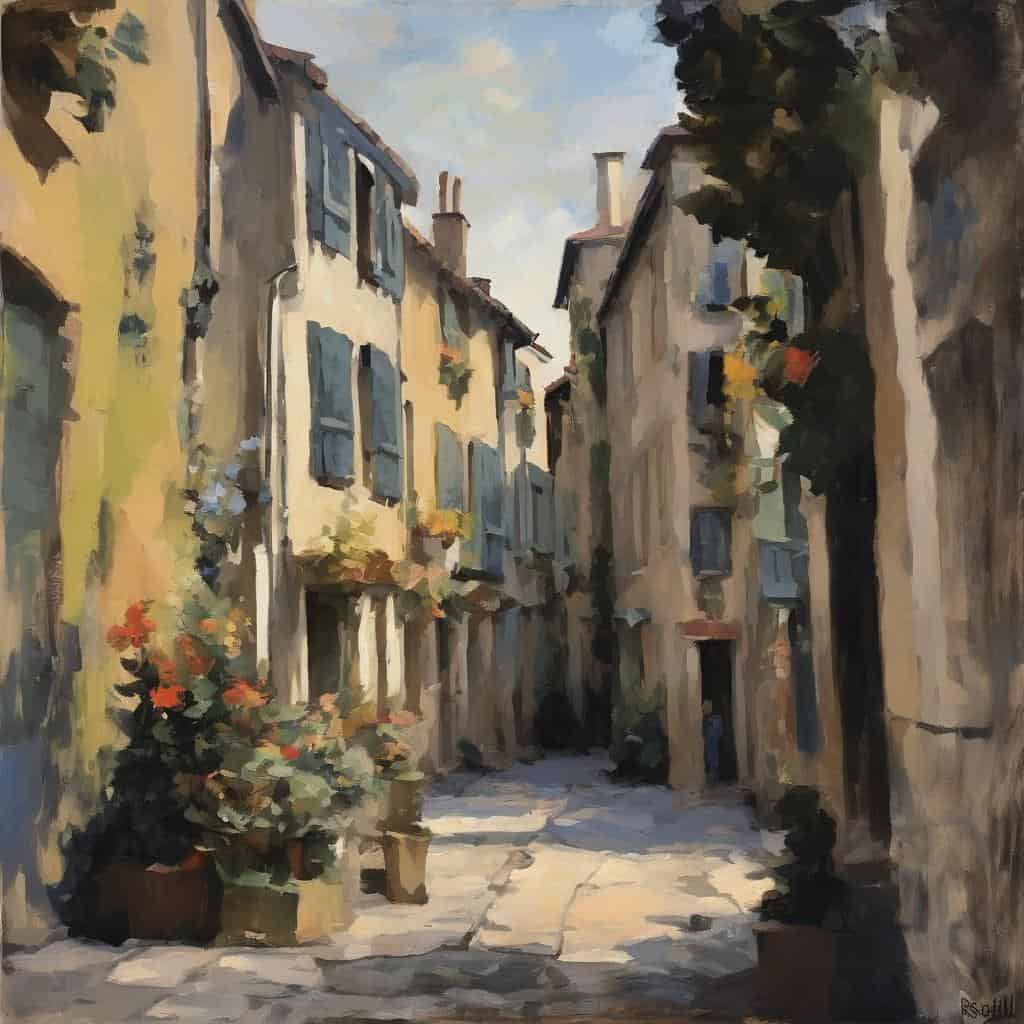 Λαική καφετέρια σε χωριό, παραδοσιακή αρχιτεκτονική, ζωγραφική αγροτική σκηνή, όμορφη ατμόσφαιρα, γραφική ηρεμία, ελληνική λυρική εικόνα.