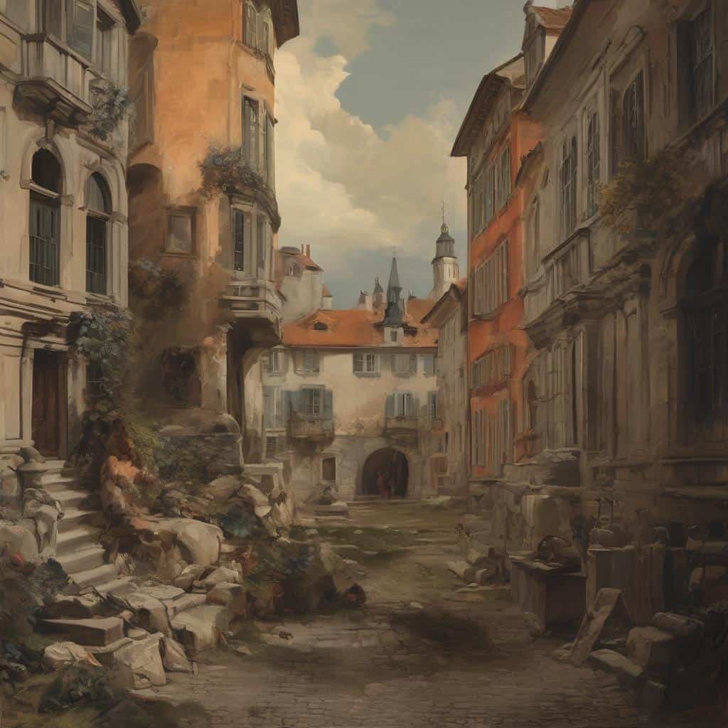 συμβολική γλώσσα και ερμηνεία σε ερειπωμένη πόλη, τέχνη και αρχιτεκτονική, καλλιτεχνική απεικόνιση, παραδοσιακός αρχιτεκτονικός σχεδιασμός.